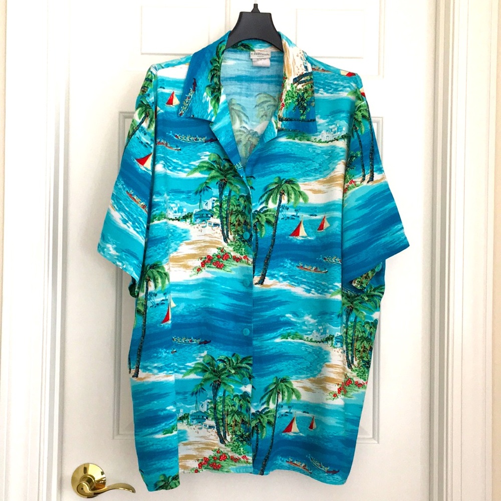 Modern Essentials Button Down Tropical Shirt 22W Blue Green Palm Short Sleeves
